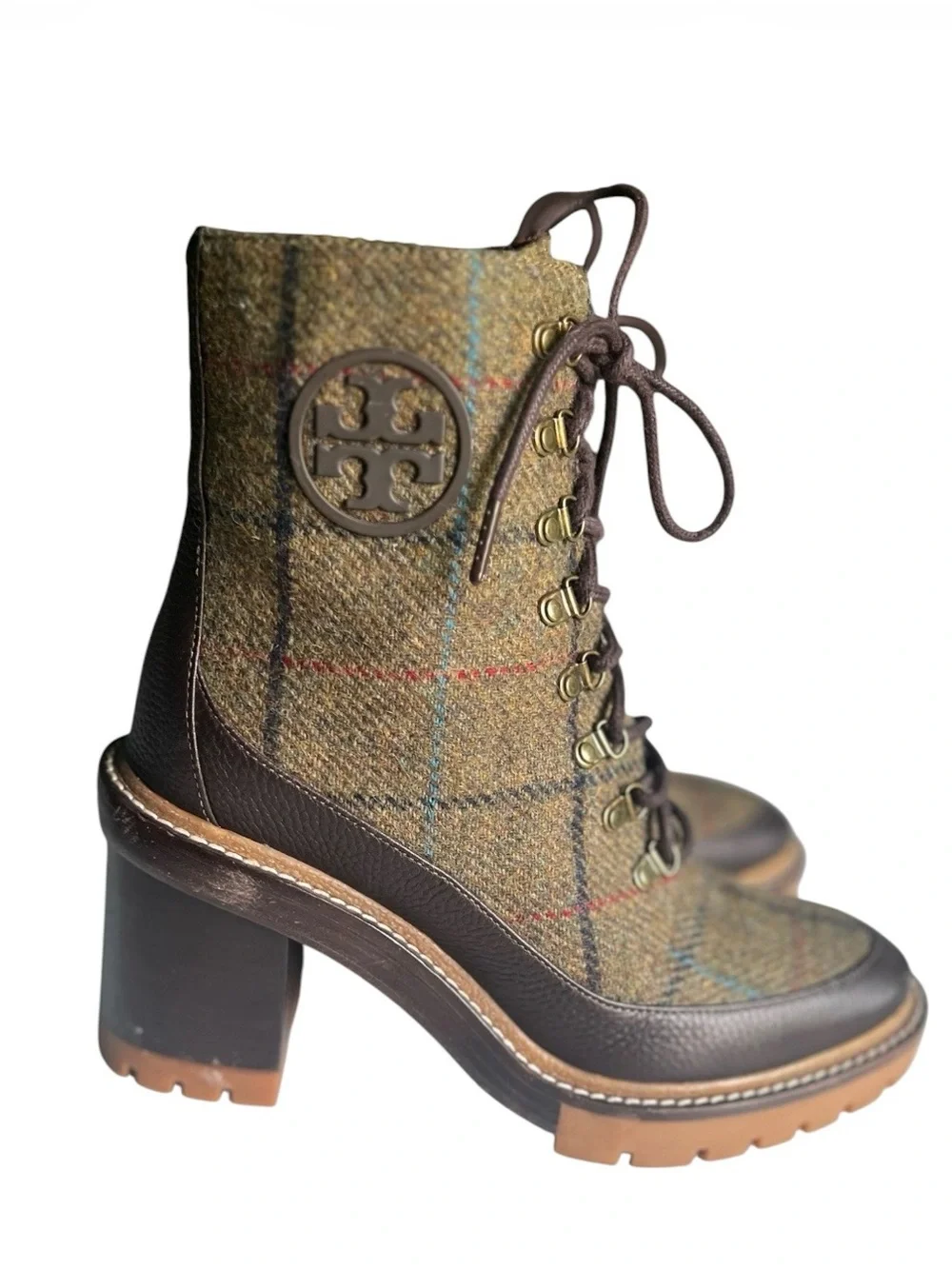 Tory Burch Miller Plaid Tweed Leather Lug Sole Lace Up Boots Size 9.5